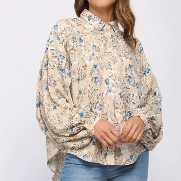 Fate Tops - Fate Tan Blue Flower Print Oversized Boho Long Sleeve Button Down Shirt
